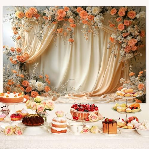 6X4ft Floral Photography Backdrop, Retro Flowers Backdrop Dreamlike Wedding Portrait Photo Background Romantic Wedding Birthday Bridal Shower Engagement Party Background Banner Decor, Orange-2 - color: Orange-2, size: 6x4ft