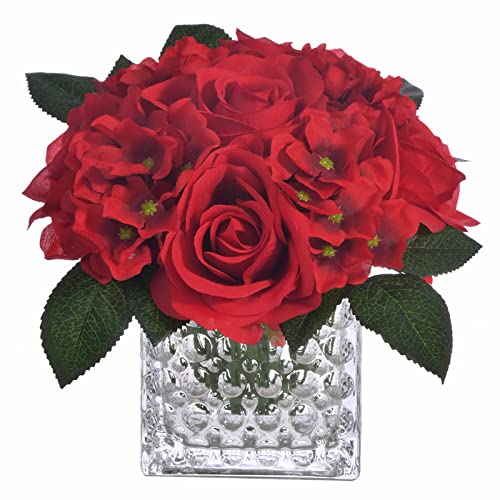 Fule Artificial Silk Rose Flower Centerpiece Arrangement in Glass Vase with LED Light for Home Wedding Decoration (Red) - color: Red