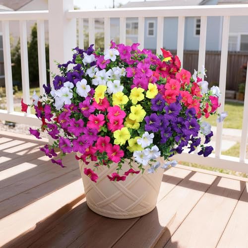 INQCMY Artificial Fake Flowers for Outdoors Decoration,12 Bundles Silk Colorful Morning Glory with Eucalyptus UV Resistant Look Real Faux Flowers for Planter Door Garden Porch Patio Balcony Yard - color: Mixed Color(2double Purple,2 Deep Orchid,2 Deep Pin