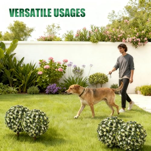 Set of 2 Artificial Topiary Balls with Flowers, 21" UV-Resistant Faux Evergreen Shrubs with Ground Spikes — Festive Outdoor and Indoor Holiday Décor Plants for Porch, Patio, and Garden - color: Green and White Flowers