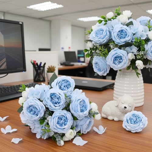 Peonies Artificial Flowers 12 Bundles Pink Flowers Bouquet, Lifelike Silk Fake Peonies with Stems for Home Table Centerpieces, Wedding, Party & DIY Bridal Floral Arrangements (Blue) - color: Blue