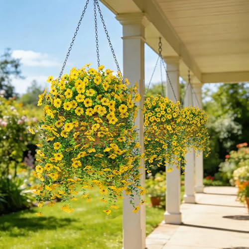 4 Pcs Artificial Hanging Flowers for Outdoor, Fake Silk Daisy Flowers Spring Summer Decoration UV Resistant Faux Plants for Planter Front Door Porch Patio Balcony Yard Decor, Yellow - color: Yellow