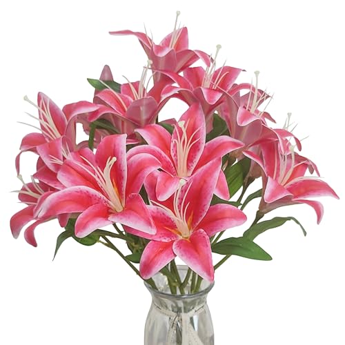 Artificial Lily Flowers,6 Pcs Faux Lily Flowers,23 Inch Long Stem Tiger Lily Branch with 3 Full Blooms and 4 Leaves, Latex Real Touch Lilium Flower for Wedding Bouquet (6, deep Pink) - color: Deep Pink