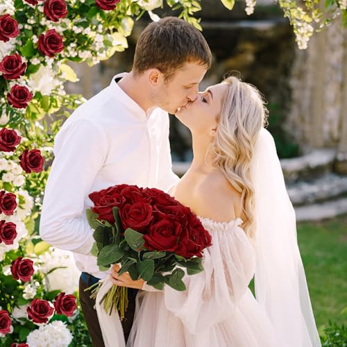 Thiccywoov 30 Pcs Rose Artificial Flowers in Bulk Lifelike Long Stem Silk Roses Bouquets Realistic Faux Flowers for Wedding Bridal Shower Home Decor Floral Arrangements Table Centerpiece(Burgundy) - color: Burgundy