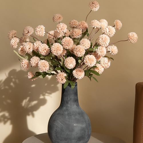 HyeFlora Fake Kiku Flowers, Faux Silk Pompon Mums Artificial Flowers, Chrysanthemum Stems Floral Arrangement Dried Flowers Vintage Decorative Indoor Home Decor Beige (Vase not Included) - color: 8pcs-beige