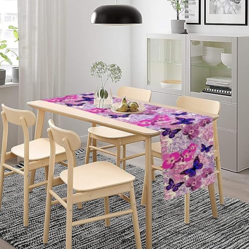 Butterfly Table Runner,Spring Seasonal Pink Purple Floral Garden Theme Table Runner for Home Indoor Outdoor Kitchen Holiday Party Wedding Decor 13x36 Inch - color: Butterfly-4, size: 13x36in