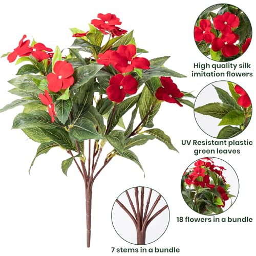 Nigirior Artificial Fake Flowers for Outdoor Décor 6 Bundles UV Resistant Fake Plants for Planter Faux Impatiens for Home Porch/Garden Stunning（Red/White/Purple） - color: Red/White/Purple