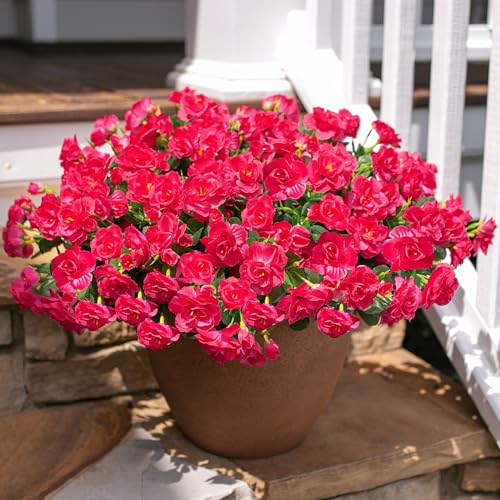 HyeFlora Artificial Faux Outdoor Flowers Plants for Spring Summer Decoration, Fake Silk Hotpink Camellia UV Resistant Look Real for Planter Outside Front Door Porch Patio Balcony, 3 Large Bundles - color: Hotpink