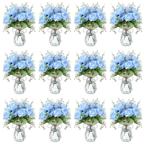 Zeyune 37 Pack Artificial Peonies Flowers with Bud Vase Bulk 24 Bundles Silk Peonies Bouquets 12 Plastic Clear Vase with 1 Rope Fake Flowers for Table Centerpiece Vases(Blue,Perfume) - color: Blue, style: Perfume