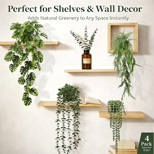 4 Pack Artificial Hanging Plants Indoor – Faux Hanging Wall Plants, String of Pearls, Eucalyptus & Monstera, Fake Hanging Potted Plants for Shelf Wall Home Office Decor - color: Green 4 Pot