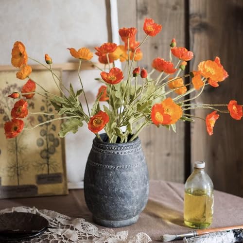 Lifelike Artificial Poppy Flowers, 8 Stems Silk Bouquet with Flocked Stems & Leaves – for Wedding Centerpieces, Home Decor, Table Arrangements - color: 8pcs Orange Red