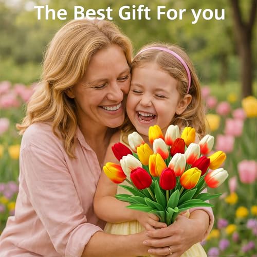 20 Pcs Tulips Artificial Flowers, 13.5'' Real Touch PU Fake Flowers Bouquet for Home Party, Spring Wedding Floral Arrangement, Valentine's, Easter and Mother's Day Decor (Red,Sunset,White) - color: Red,sunset,white