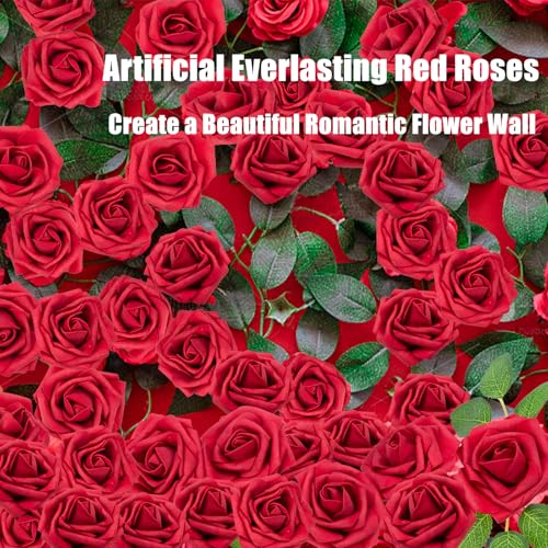 Cliselda 100Pcs Red Fake Roses Artificial Flowers with Stems, Valentine's Day Mothers, Real Touch Foam Rose Bulk Faux Flowers for Wedding Bouquets Centerpieces Flower Arrangement - color: Red
