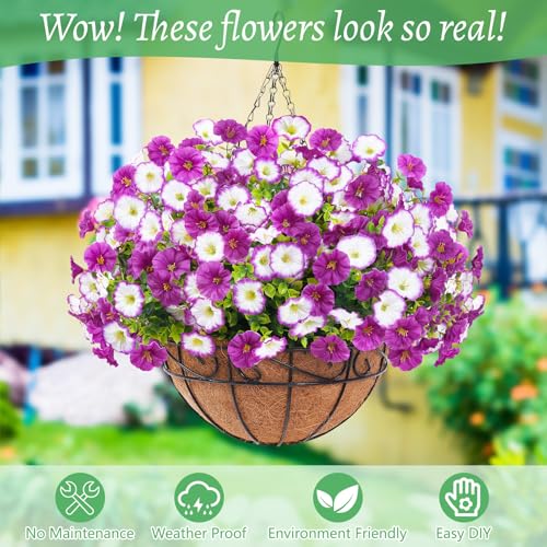 Elyum 2 Pack Artificial Hanging Flowers for Outdoors, Fake Flowers Artificial Petunias Hanging Baskets for Outdoors, UV Resistant Fake Hanging Plants Flowers for Outside Garden Patio Porch Decor - color: Purple&light Purple, size: 2 Pack