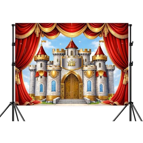 6X4ft Castle Backdrop Red Gold Stage Curtain Royal Noble Castle Photography Background Baby Shower Birthday Party Cake Table Decor Medieval Themed Photo Booth Props Wall Decor Banner - color: Multi13, size: 6X4FT
