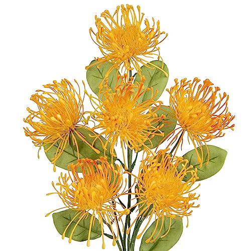 Hollyone 33" Orange-Yellow Artificial Mums Flowers Chrysanthemum Flowers 2Pcs Fake Spider Mum Flower Arrangement Faux Pincushion Flower with 3 Heads Long Stem for Party Centerpiece Bouquet Home Decor - color: Yellowish-orange