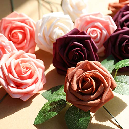 AmyHomie Artificial Flower Shades of Burgundy Rose 25pcs Real Looking Fake Roses w/Stem for DIY Wedding Bouquets Centerpieces Arrangements Party Baby Shower Valentines Day Christmas Tree Decorations - color: Shades of Burgundy