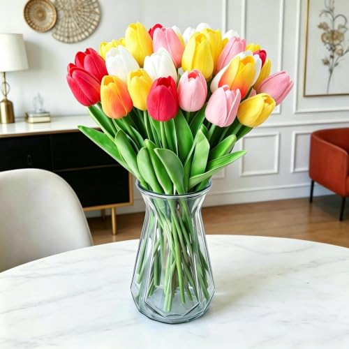 PU Real Touch Tulips Artificial Flowers 20Pcs Fake Flowers Arrangement Bouquet for Home Office Wedding Decoration (Multicolor) - color: Multi Color