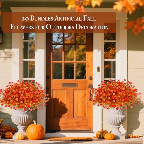 20 Bundles Artificial Fall Flowers for Outdoors Fall Thanksgiving Decorations-UV Resistant Fake Mums Faux Plant Plastic Flowers Gardens Porch Fireplace Patio Autumn Indoor Fall Decor(Gold Orange) - color: Gold Orange, size: 20 Bundles