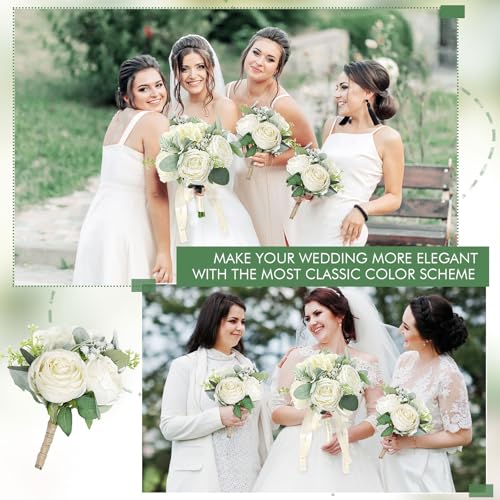 Bridesmaid Bouquets Set of 2 - Ivory White Artificial Flowers Bouquet for Bridesmaids Wedding Small Floral Centerpieces for Marriage Proposal Party Anniversary Dining Table Decor -7 Inch - color: White, size: 2pcs Bouquets