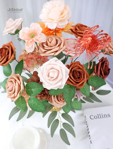 25pcs Artificial Flower，Real Looking Foam Roses w/Stem for DIY Wedding Bouquets Centerpieces Bridal Shower Party Decor-Shades of Burnt Orange - color: Shades of Burnt Orange