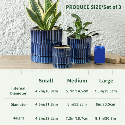 HASENSE Ceramic Plant Pots Set of 3 (8+6+4.6 Inch), Flower Planters with Drainage Hole and Saucer, Indoor Planter Pots for Succulents, Herbs, Ideal for Home Office Desktop Garden Decor(Blue) - color: White (Ribbed)