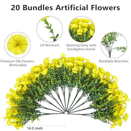 Bassion Artificial Flowers for Outdoors, 20 Bundles Silk Fake Flowers UV Resistant Realistic Morning Glory Faux Eucalyptus Plants for Outside Planters Porch Window Box Garden Indoor Decor - color: Yellow
