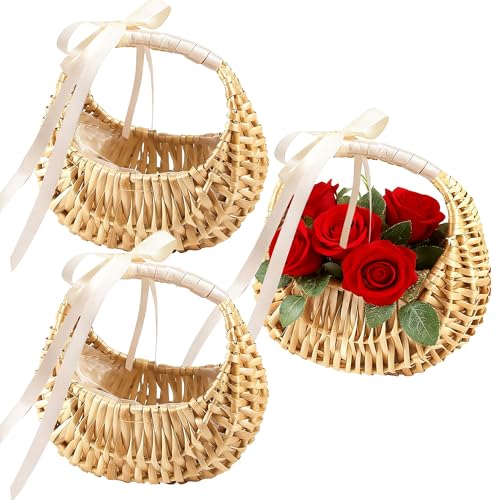 3 Pack Wicker Flower Girl Baskets,Wicker Wedding Basket with Handle Silk Ribbon,Small Half Moon Wicker Flower Basket 6.5" x6.7" x4.3"for Wedding Party Picnic Home Decor - size: Half Moon Basket