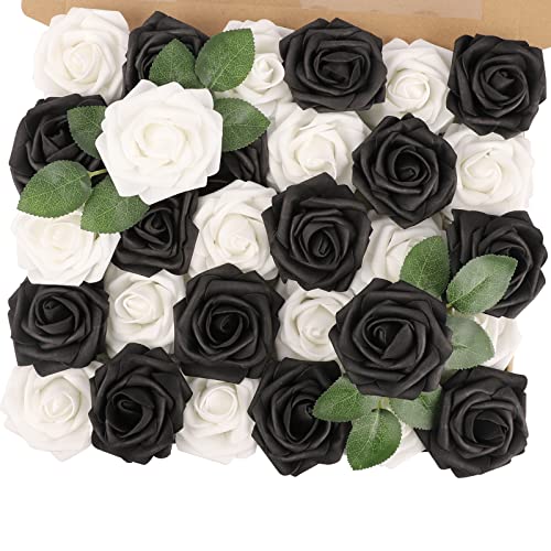 MACTING 30PCS Artificial Flower Roses Black and White Fake Flowers with Stem Real Touch Foam Roses for Wedding Kissing Ball Corsage Party Baby Shower Home Christmas Decorations - color: 15pcs Black + 15pcs White, size: 30PCS