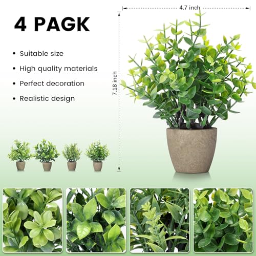 FAVOWREATH 4 Pack Fake Plants Ceramic Mini Artificial Greenery Potted Plants for Home Decor Office Decor Room Decor Farmhouse Decor Indoor Table Bathroom Decor - color: Grey
