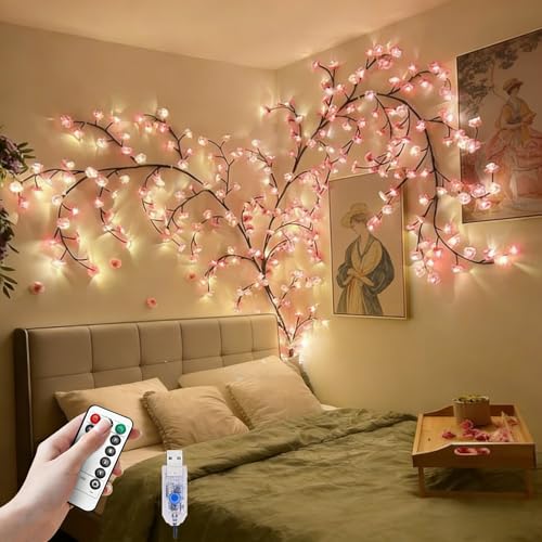 Cherry Blossom Lights for Bedroom Wall Decor, 4FT 48 LED DIY Cherry Blossom Decorations,LED Blossom Tree Flower Lights,Pink Aesthetic Room Decor,Remote Timer,8 Lighting Modes