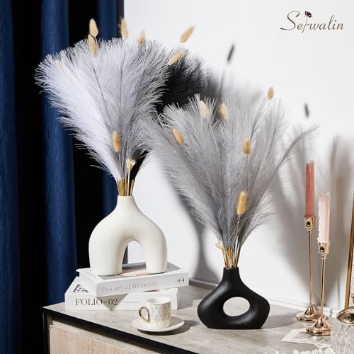 Serwalin 60Pcs Black Pampas Grass Decor, 17'' Faux Pampas Grass, Fluffy Artificial Pompous Grass Vase Filler Flower Arrangement for Living Room Decor Wedding Party Home Decor (Black＆White＆Gray) - color: E Black & Grey & White