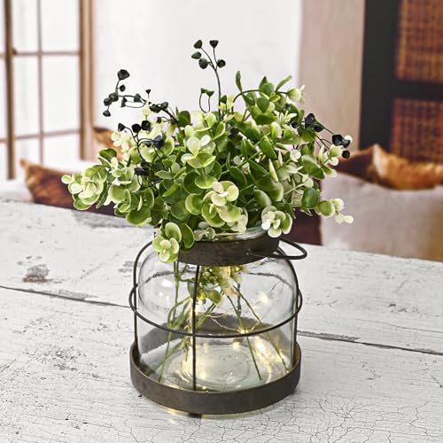 Vintage Glass Farmhouse Vase, Rustic Lantern Decor with Plants Flowers Lights Vintage Style Vases for Home Decor Floral Arrangement Hostess Gift - color: Vase+greenery+light