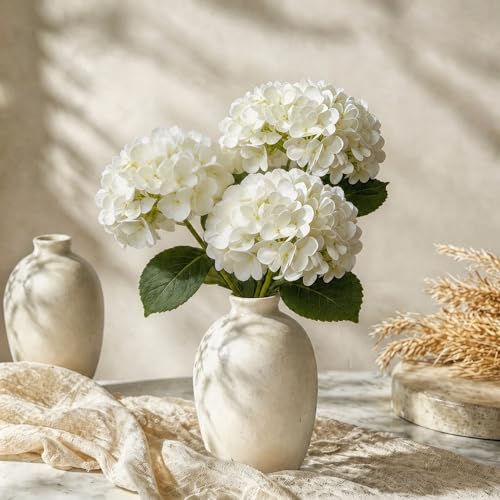 4 Pcs Faux Hydrangeas Real Touch Hydrangea Artificial Flowers Latex Large Fake Flower Long Stems for Wedding Home Party Table Centerpieces Decor (White) - color: White