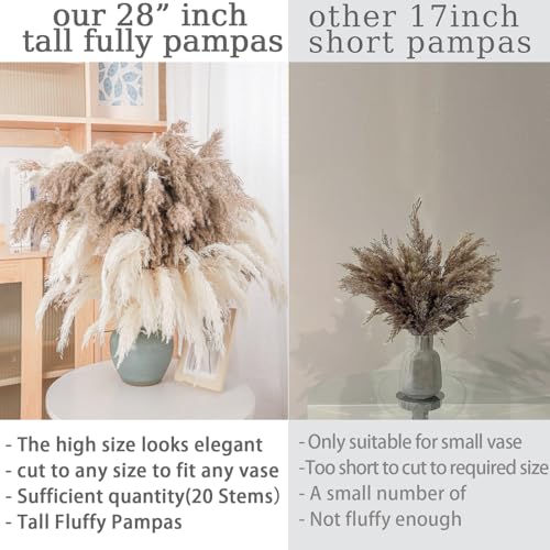 28" inch 20 Stems Large Pampas Grass Decor - Fluffy Brown & White Pampas Grass Decor Tall Pompas Grass for Floor Vase - Boho Home Decor Wedding Decor Natural Flower Bouquet - size: 20pcs 10brown & 10white