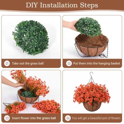 Hananona 24 Pcs Artficial Outdoor Flowers with Hanging Baskets, Orange Fall mums 2 Pack Hanging Planter with Outdoor Fall Flowers for Autumn Porch Garden and Home Patio Yard Decor (2, Orange) - color: Orange