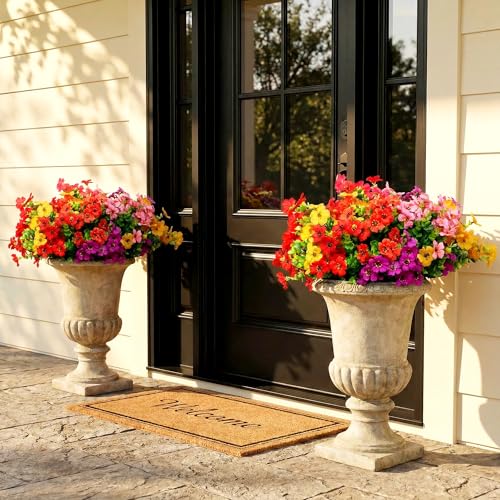 Artificial Flowers for Outdoors, Faux Plants Flowers, 16 Bundles Silk Colorful Fake Flowers Eucalyptus Realistic UV Resistant for Outside Home Planter Porch Patio Yard Decor (16, 4 Colors Flowers) - color: 4 Colors - 2