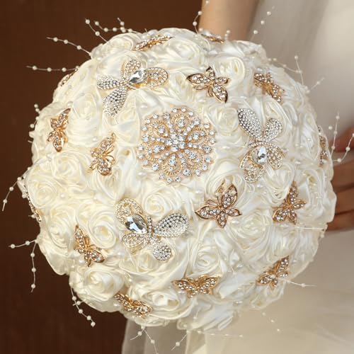 Handmade Wedding Flowers Bouquet Round Holding Bridal Bouquet Artificial Satin Roses Bunch for Bride Bridesmaid Wedding Quinceanera (Ivory, 8.7") - color: Ivory, size: Medium (Dia. 8.7"/22cm)