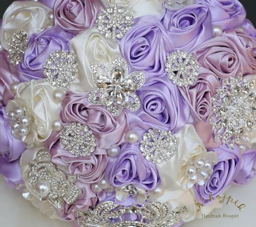 Bridal Wedding Bouquet Round Bling Brooch Bouquet Artificial Rose Flower Bunch for Bride Bridesmaid Wedding Quinceanera(Light Purple, Light Taro & Ivory, 7.5") - color: Light Purple, Light Taro Purple & Ivory, size: Small (Dia. 7.5"/19cm)