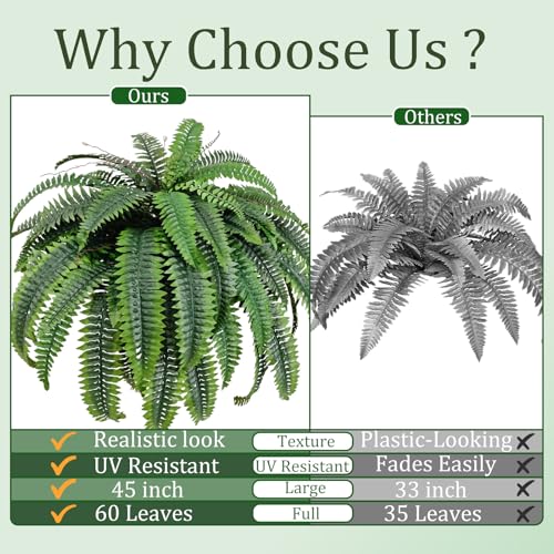 2pcs 45in Artificial Boston Fake Ferns Large, UV Resistant Artificial Plants Outdoor, 55 Blades Weatherproof Fake Plants Outdoor Indoor for Garden Porch Patio Home Decor - color: 45in Bosten Ferns, size: 2Pcs