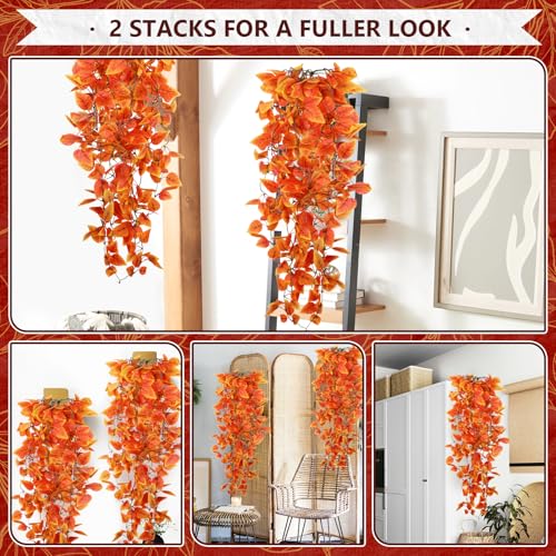 2-Pack Fake Hanging Plants, Faux Hanging Plant Artificial Greenery for Living Room Bedroom Boho Wall Shelf Indoor Outdoor Decor (Orange Pothos Ivy Vines) - color: Orange Pothos Ivy Vines