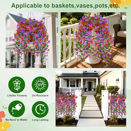 Artificial Hanging Flowers for Outdoors Decorations 2 Pack, Fake Hanging Flowers, UV Resistant Artificial Hanging Plants Outdoors for Home Porch Patio Balcony Baskets Yard(Purple & Red) - color: Purple Red