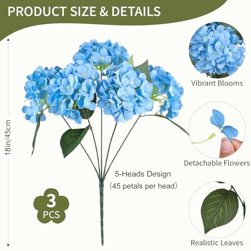 AGIRL 3 Bundles Blue Artificial Hydrangea Flowers for Outdoors, UV Resistant Lifelike Faux Flowers for Spring Indoor Outdoor Garden Patio Porch Balcony Home Decor Wedding Party Centerpieces - color: Blue, size: 3