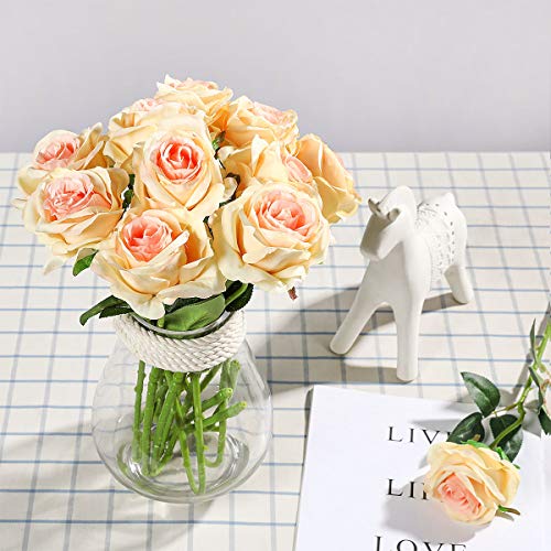 Tifuly Champagne Roses Artificial Flowers - 12 pcs Realistic Single Long Stem Fake Silk Roses Bouquet for Party Home Wedding Centerpiece Office DIY Decor - color: Gradient Champagne