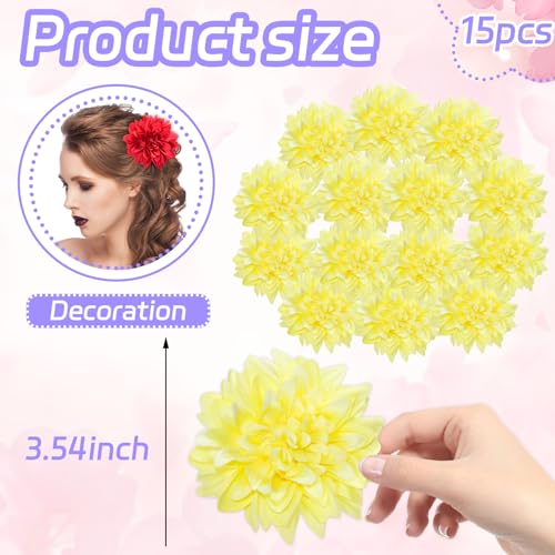 Yellow Dahlias Artificial Flowers Bulk, 3.5 Inch Big Fake Dahlias Flowers Heads, 15 Pcs Artificial Silk Faux Flowers Heads for Floral Arrangements, Clothing Accessories, DIY Craft - color: Yellow