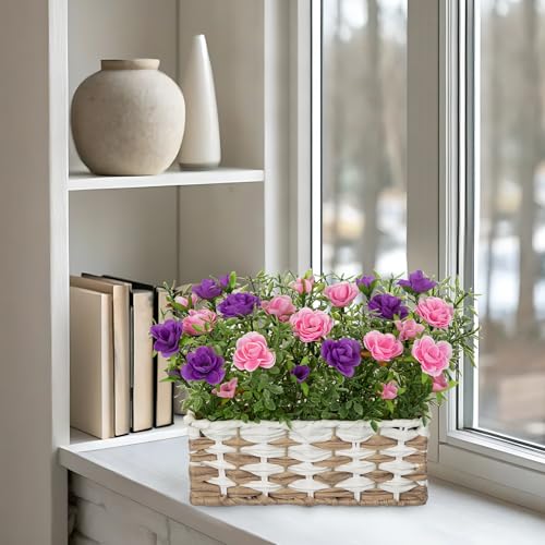 Artificial Rose Flowers with Woven Basket, Faux Blooming Roses in Fake Rattan Planter for Table Centerpiece, Romantic Floral Arrangement for Home Kitchen Entryway Spring Party Decor, Pink & Purple - color: Soft Pink & Purple