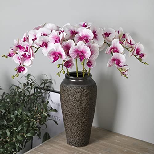 HinyoCo 5 Pcs Artificial Orchid Flowers and 4 Bundles Leaves, Artificial Phalaenopsis Flowers 32 Inch Stem Plants for Home Wedding Decoration (White Flower Purple Core) - color: White Flower Purple Core