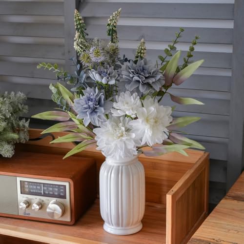 LUEUR Fake Flowers with Vase, Silk Roses Artificial Flowers in Vase Faux Flowers Arrangement Suitable for Home Kitchen Living Room, Fall Spring Decor for Office, Centerpiece Table Decorations - color: White-dahlia