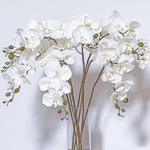 DUYONE 35 Inch Artificial Butterfly Orchid Flowers 4 Pcs Soft Touch Orchid Fake Phalaenopsis Flowers Stem Plants for Wedding Home Decoration (White Flowers 4pcs) - color: White Flowers 4pcs(not Include Vases)