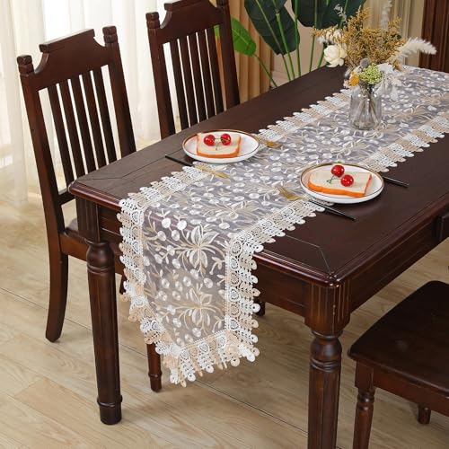 Lace Table Runner Floral Embroidery Fabric Rustic Table Runners Elegant Chic Table Transparent Cover for Home Dining Room Tabletop Decor Wedding Party Dresser (Champagne&White, 16 x 70 Inch) - color: Champagne&white, size: 16 x 70 Inch
